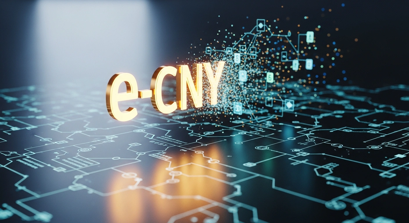 A futuristic, glowing digital e-CNY symbol is shown merging with abstract representations of traditional banking ledgers and data streams, symbolizing China's central bank redesigning its digital currency from digital cash to interest-bearing digital deposit money to boost adoption and financial integration.