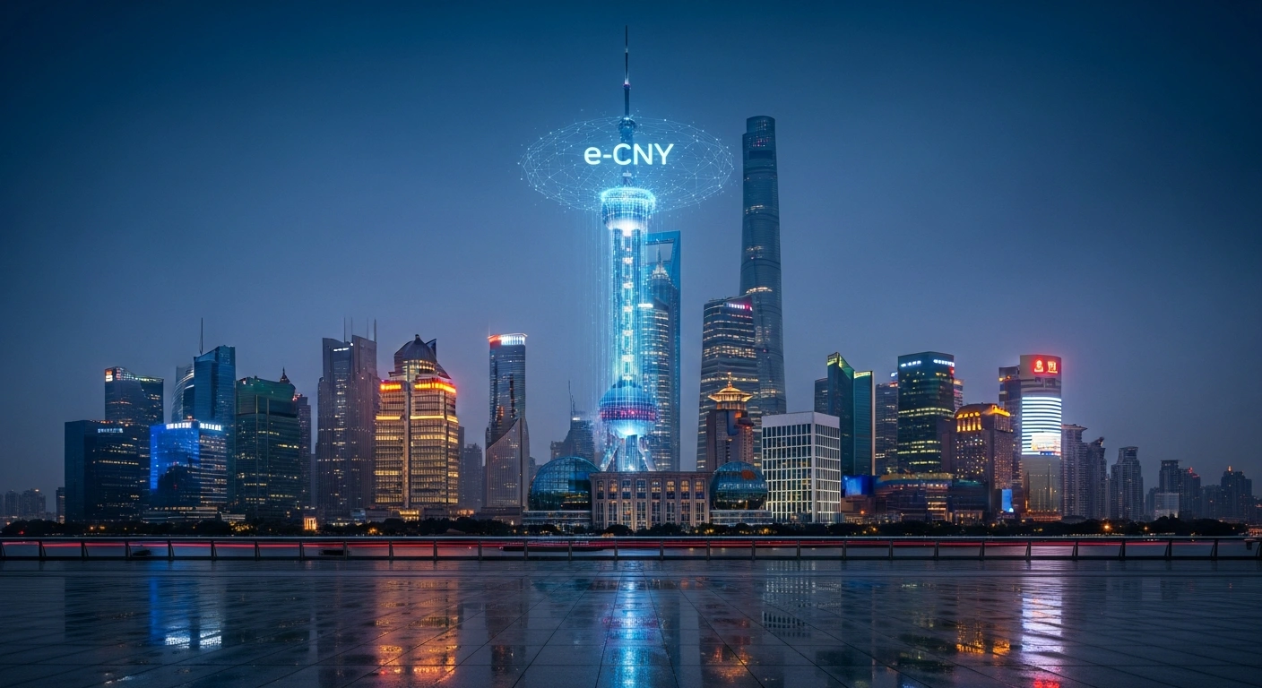 A wide-angle, futuristic view of Shanghai's financial district at dusk, with illuminated skyscrapers, symbolizing China's new generation e-CNY digital currency plan, including a deposit-based model with interest and an international operations center for global usage.