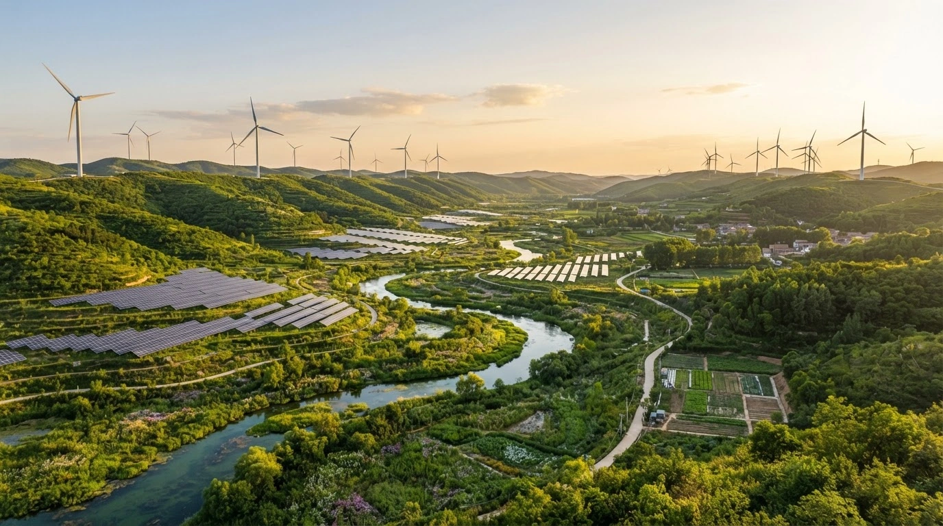 A scenic landscape in China features wind turbines and solar panels integrated into a lush, restored environment to represent the nation's new Ecological and Environmental Code.