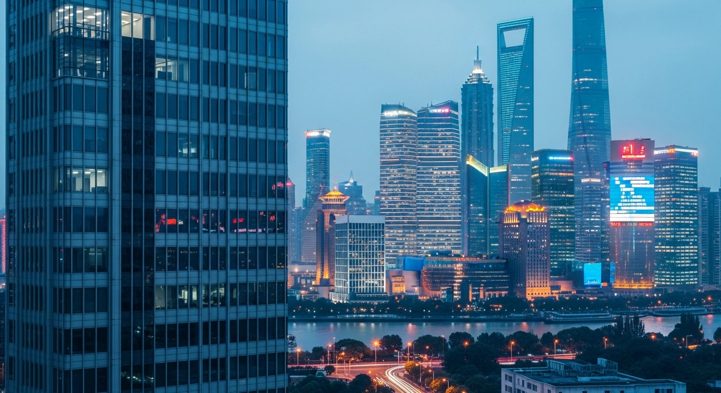 A modern cityscape of Shanghai at twilight represents the 4.7 percent economic growth of China in the first half of 2026.