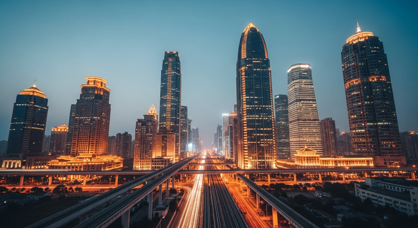 A modern, illuminated Chinese cityscape at twilight represents the long-term economic growth and modernization goals outlined in the 15th Five-Year Plan.