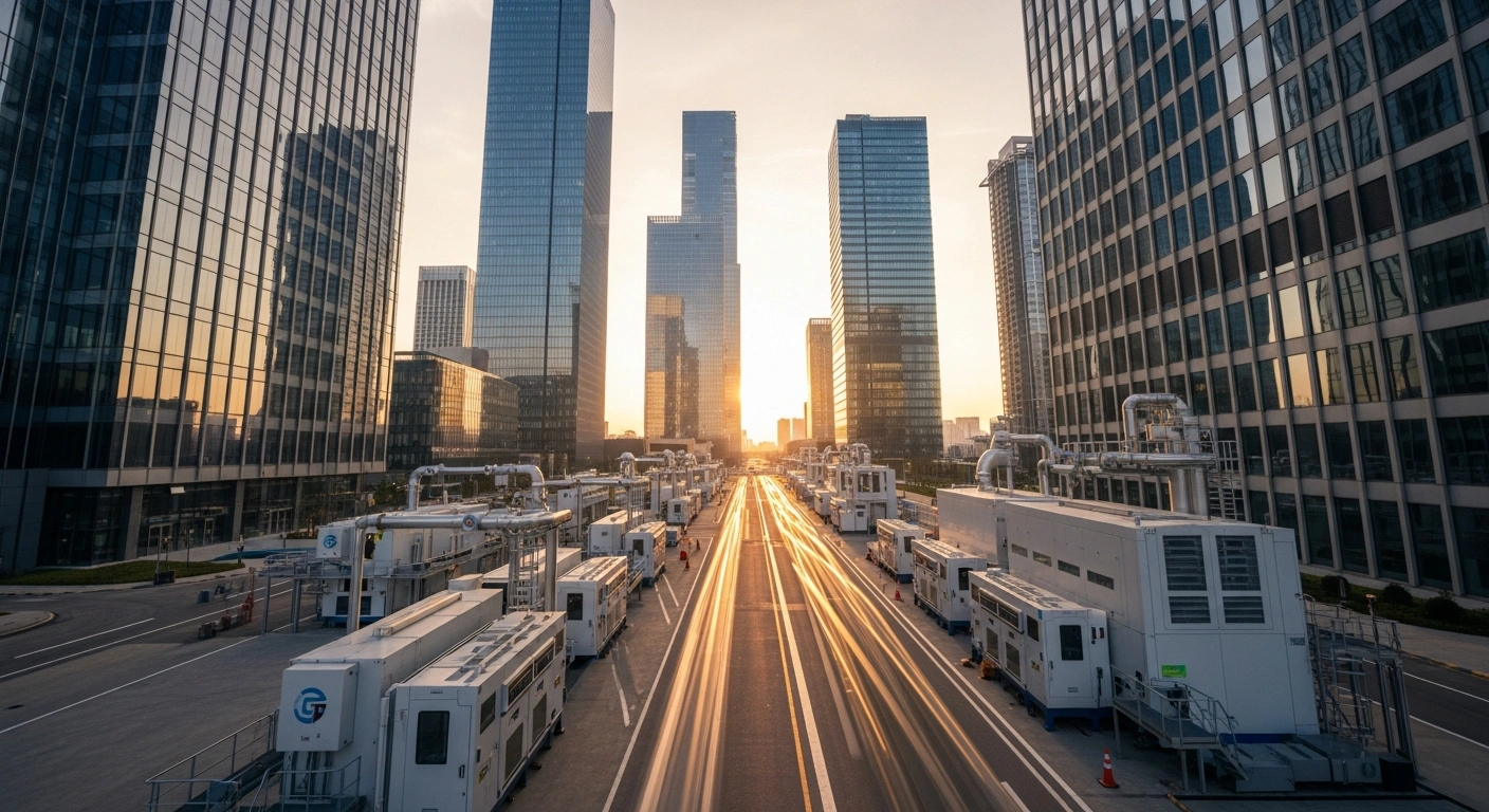 A modern industrial and service sector complex in China shows signs of economic growth and resilience under the warm light of a setting sun.