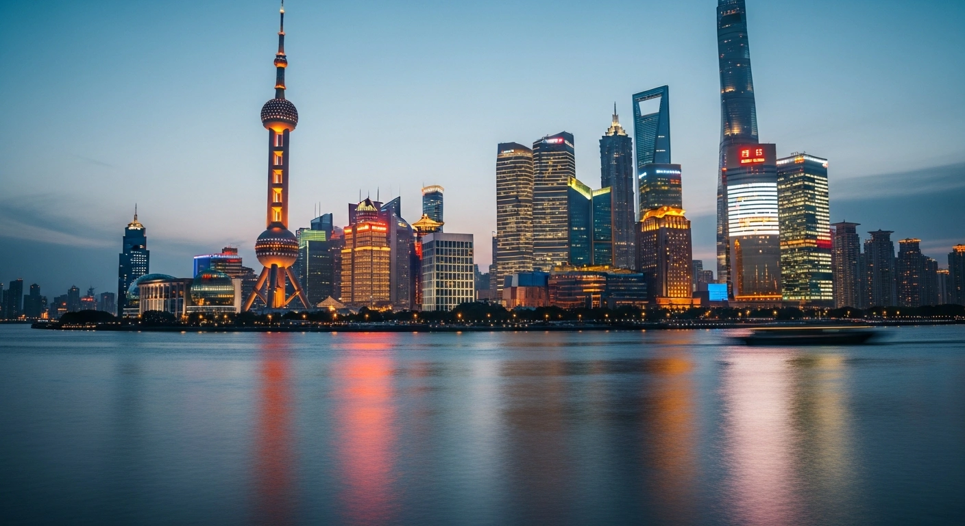 A modern Shanghai financial district at dusk represents the stabilization of China's economic growth and government fiscal policy initiatives.