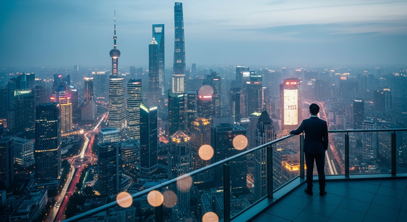 A professional looking over the Shanghai skyline represents China's adjusted economic growth target for 2026.