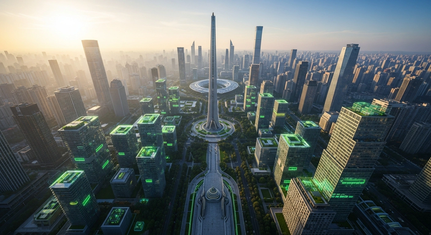 A photorealistic, sweeping wide shot of a futuristic Chinese cityscape at dawn, showcasing gleaming, sustainable high-rises with integrated green spaces and advanced infrastructure, symbolizing China's economic emphasis on innovation, reform, domestic demand, and green transformation as outlined in President Xi Jinping's upcoming article.