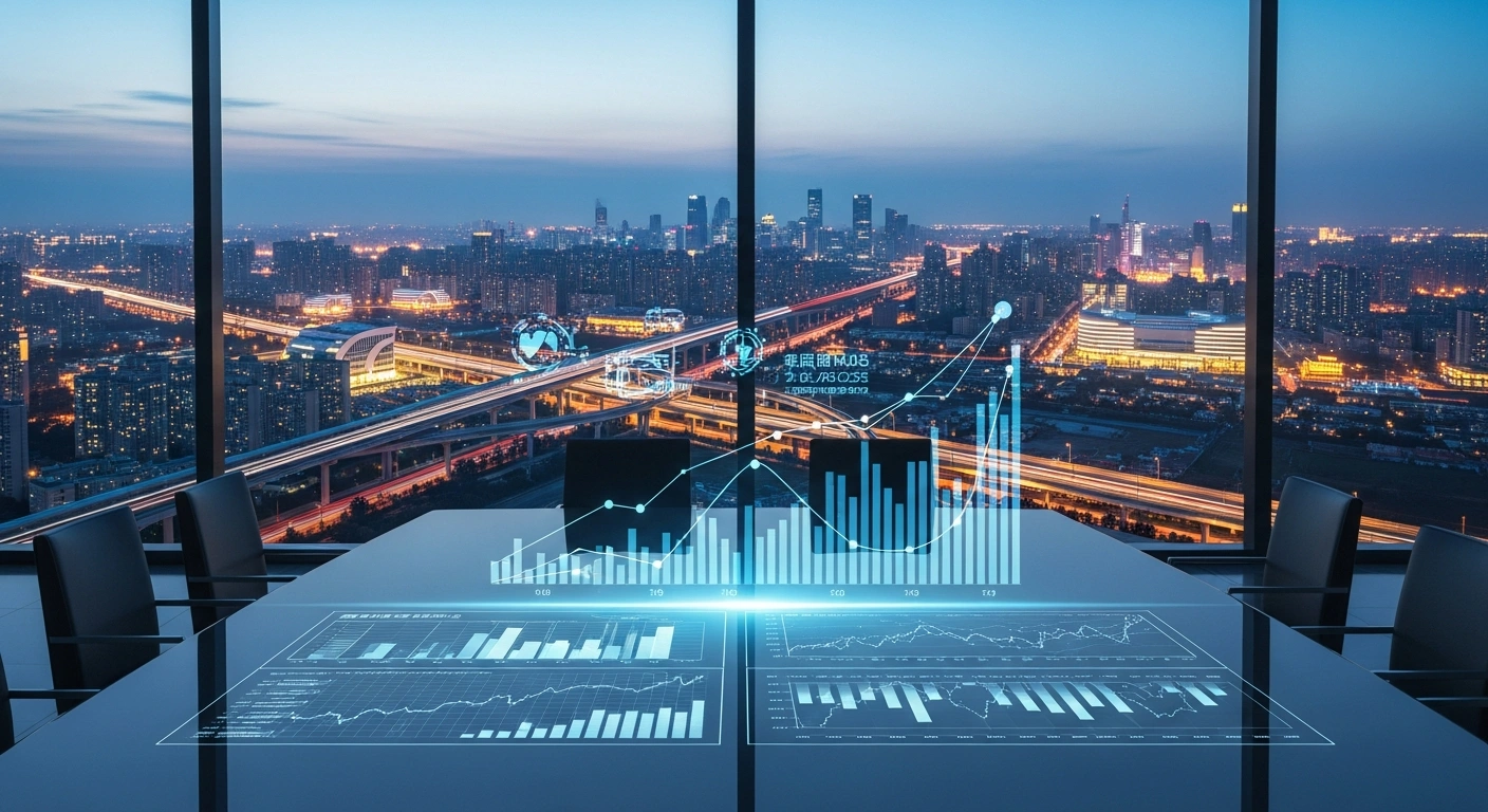 A futuristic digital display representing China's economic growth and technological innovation strategy for the 15th Five-Year Plan.