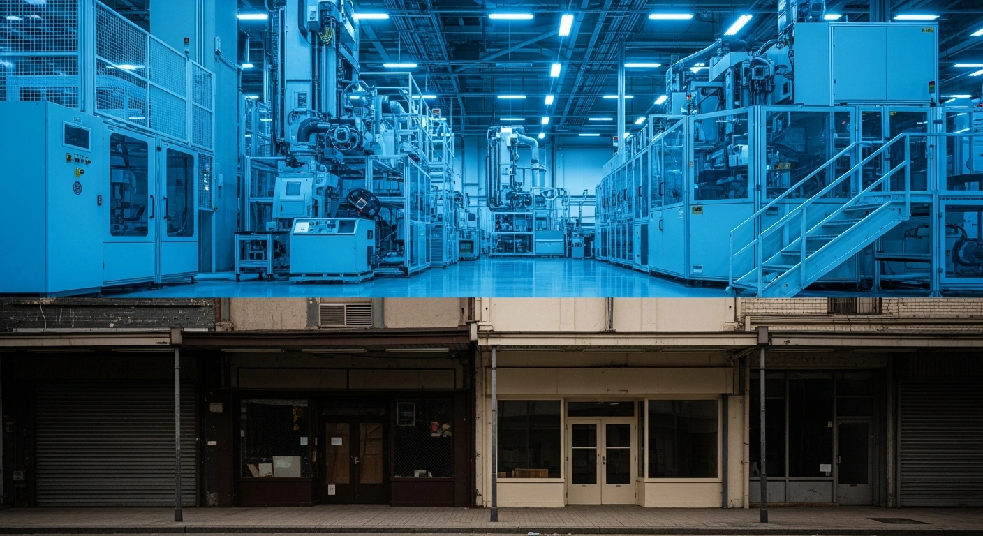 A visual representation of China's economic divide showing a high-tech automated factory contrasted with a quiet and empty consumer marketplace.
