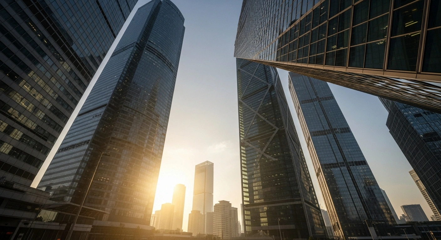 A low-angle, wide shot of a modern, towering Chinese cityscape at sunrise, with sleek, interconnected buildings bathed in golden light, and a subtle, ethereal mist lingering in the foreground, symbolizing China's commitment to a proactive fiscal and moderately loose monetary policy to expand domestic demand and navigate international trade struggles.