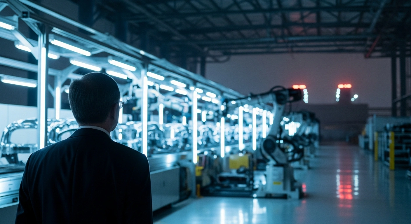 A distinguished Chinese Vice Premier stands in a modern, advanced manufacturing facility, observing automated assembly lines under cool, blue-white lighting, with a power plant subtly visible in the background, symbolizing economic recovery, technological innovation, and energy supply for China's future development goals.
