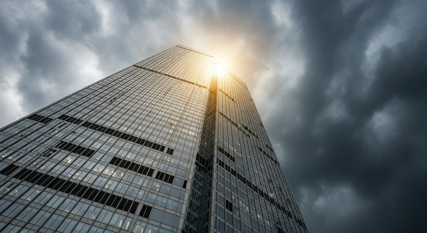 A photorealistic image depicting a towering, modern skyscraper, symbolizing China's economic resilience and steadfast development course, illuminated by golden dawn light as it dramatically pierces through receding storm clouds, reflecting the themes discussed by President Xi Jinping at the Central Economic Work Conference outlining 2026 priorities.