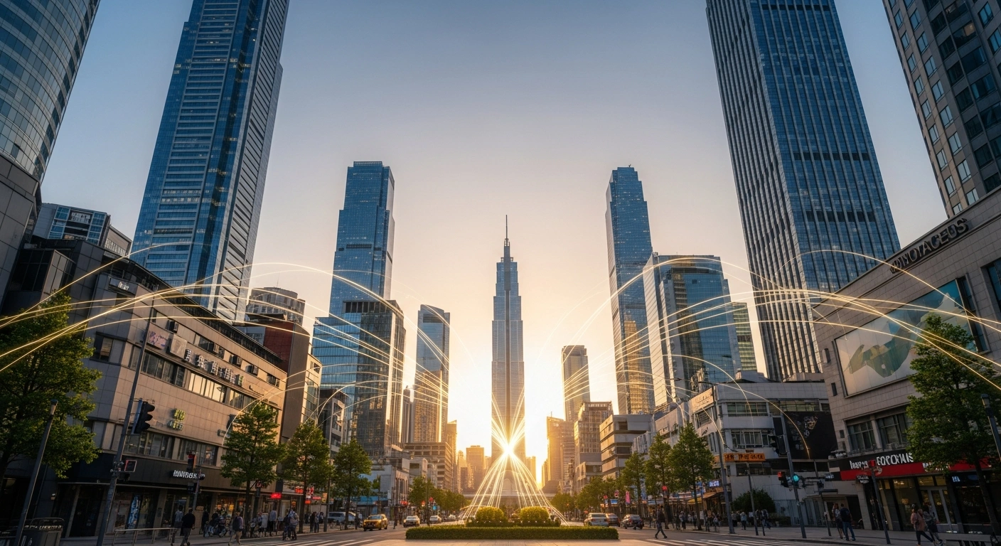 A futuristic Chinese cityscape at golden hour, featuring towering skyscrapers, vibrant street activity, and interconnected light trails, symbolizing China's plans to boost domestic consumption, expand high-standard opening-up, attract foreign investment, and enhance market access for high-quality development.