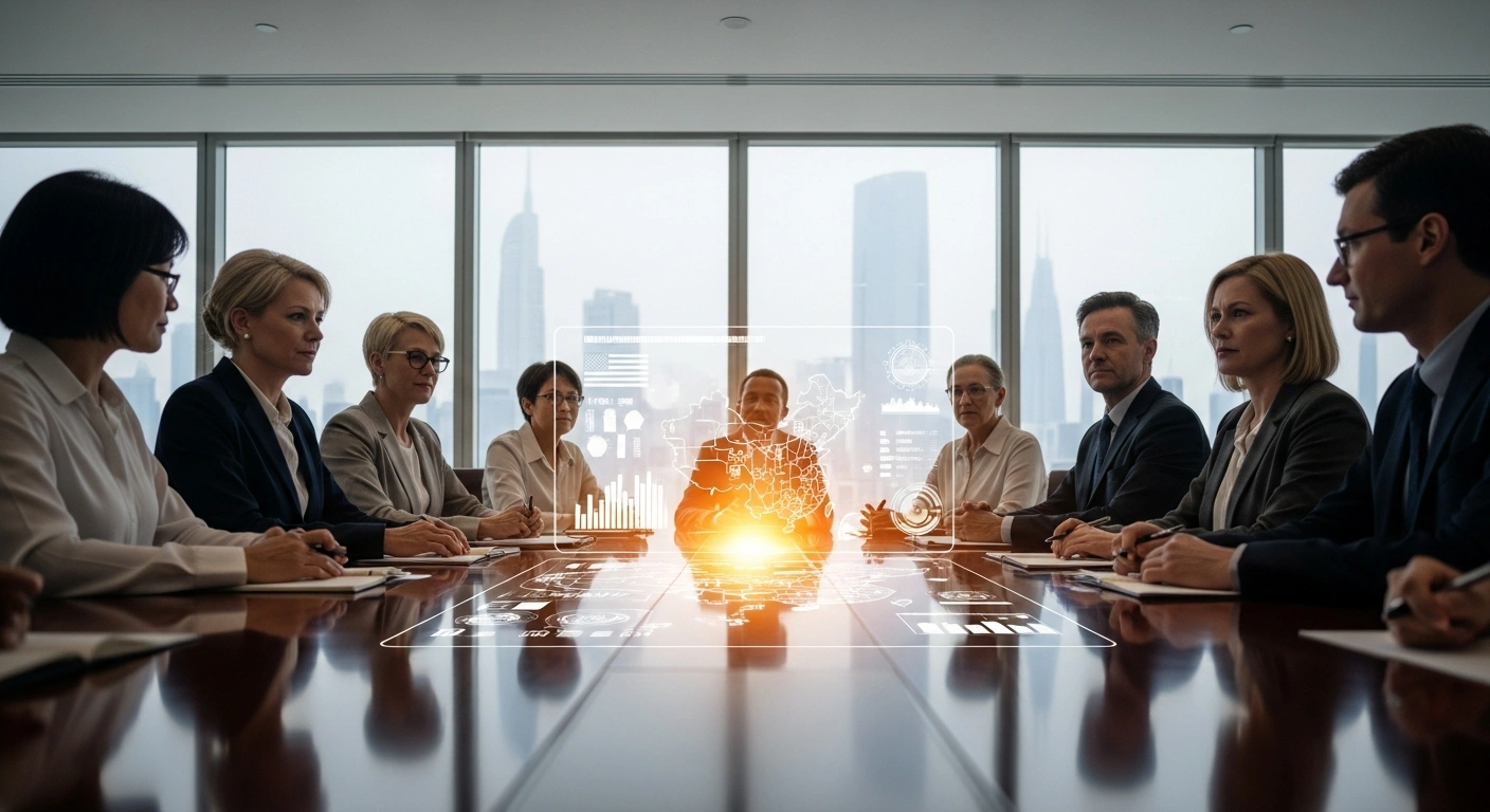 A diverse group of US and Chinese experts are gathered around a polished conference table, discussing complex economic data projected holographically, set within a modern room overlooking a futuristic cityscape, symbolizing a China Economic Roundtable.