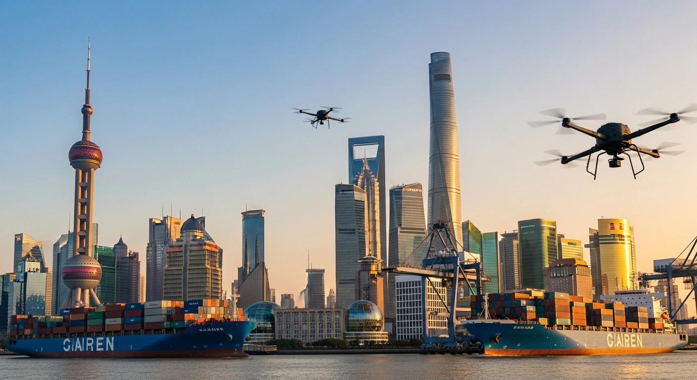 A low-angle, wide shot of Shanghai's futuristic financial district and a bustling, automated port at golden hour, symbolizing China's projected economic growth to surpass US$23.8 trillion by 2030 and its emphasis on global market opportunities and international trade system reforms.