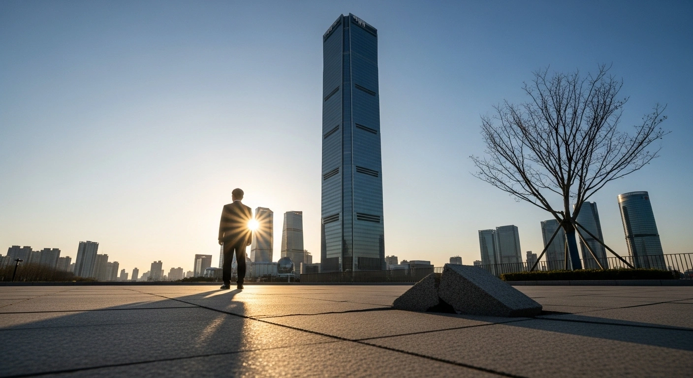 A low-angle, wide shot of a modern skyscraper gleaming under golden hour light, symbolizing China's economic growth, with subtle cracks in the foreground pavement hinting at underlying risks.