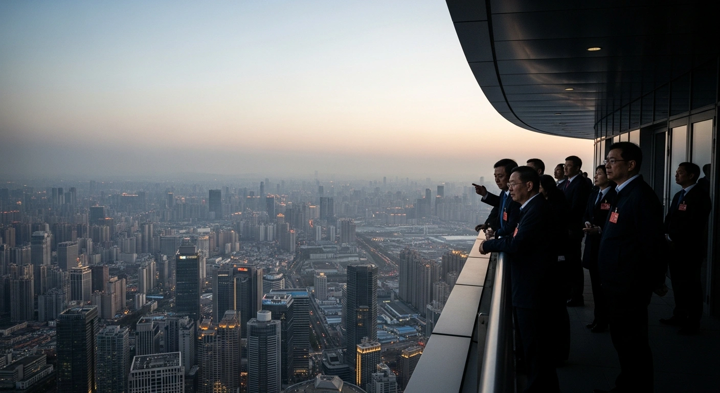 A wide shot of a modern Chinese metropolis at twilight, with a small group of stern-faced policymakers on a high-rise balcony gazing over the sprawling urban landscape, symbolizing China's economic slowdown and the pressure on its leaders to revitalize the $19 trillion economy.