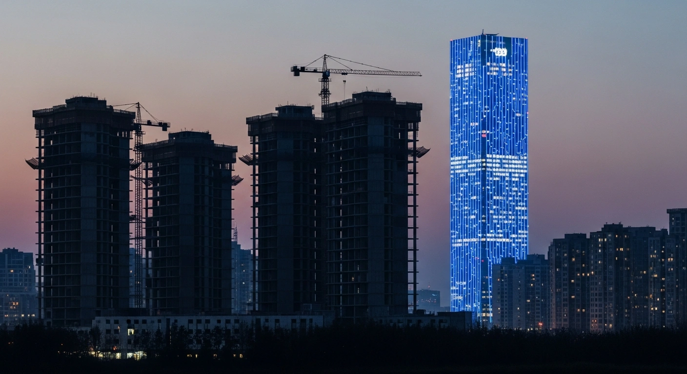 A wide-angle shot of a Chinese urban skyline at twilight depicts partially constructed concrete high-rises in shadow, starkly juxtaposed with a brightly lit, modern skyscraper glowing electric blue, symbolizing China's economic resilience amidst a property market downturn, driven by strong export performance in high-tech goods and advancements in artificial intelligence.