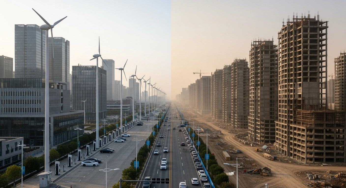 An aerial view of a Chinese city showing a stark contrast between a vibrant, modern district with electric vehicles and green energy infrastructure, and a stagnant district with unfinished, decaying high-rise property developments.