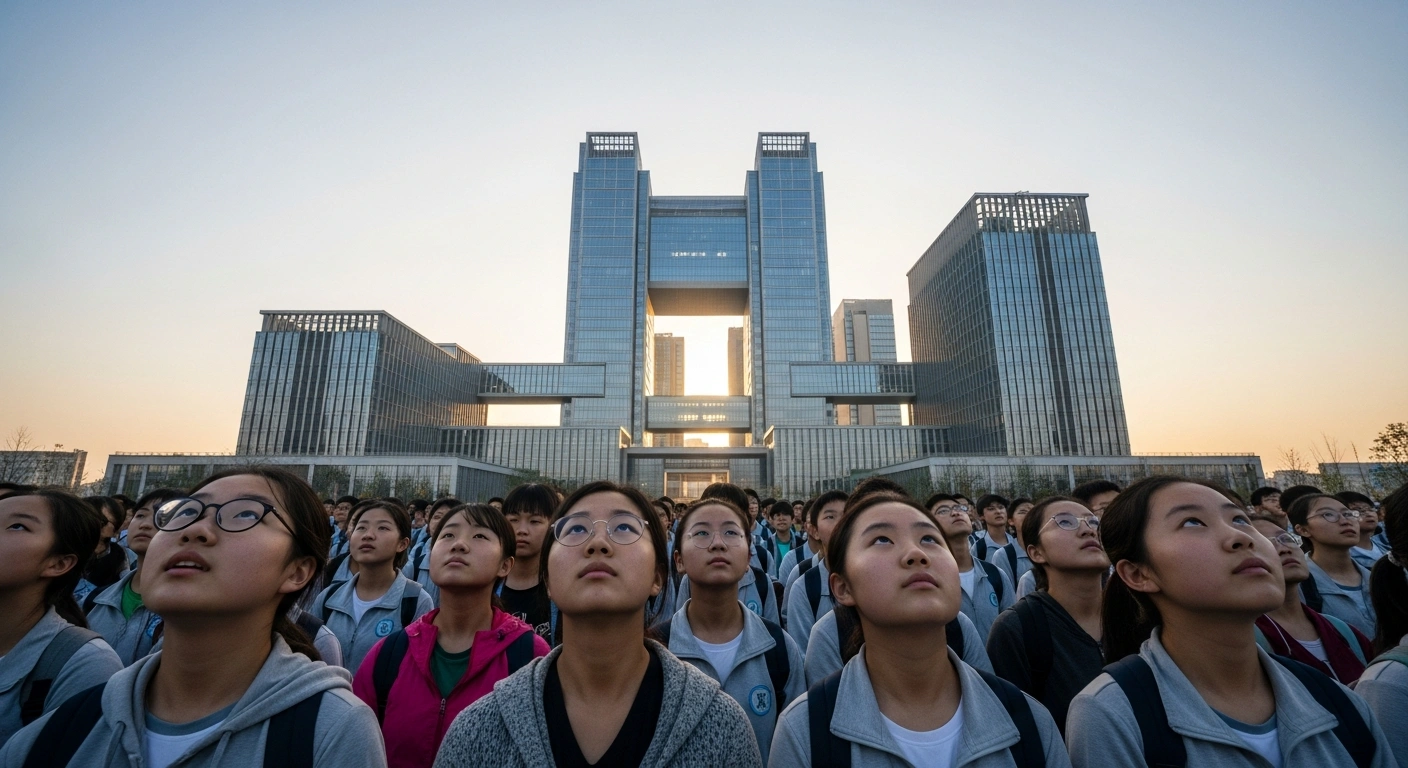 A diverse group of young Chinese students stands in the foreground, looking up at a modern, gleaming educational building under a warm, optimistic sky, symbolizing China's 15th Five-Year Plan for education reforms, including expanded free education and enhanced higher education to promote equity and a skilled workforce.