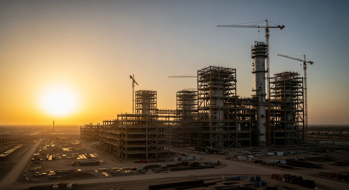 A sprawling, partially constructed modern steel industrial complex set against a desert landscape at sunset, symbolizing the $10 billion investment by China's XinFeng Steel in Egypt for steel production, promising significant job creation and economic development.
