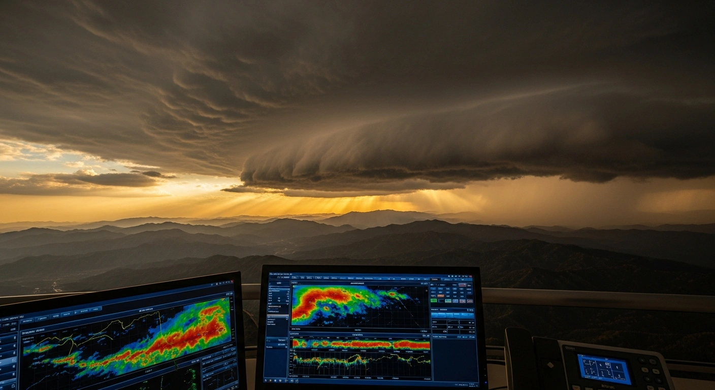 A digital visualization of weather patterns and heat maps monitors the peak intensity of El Nino weather conditions over the Chinese landscape.