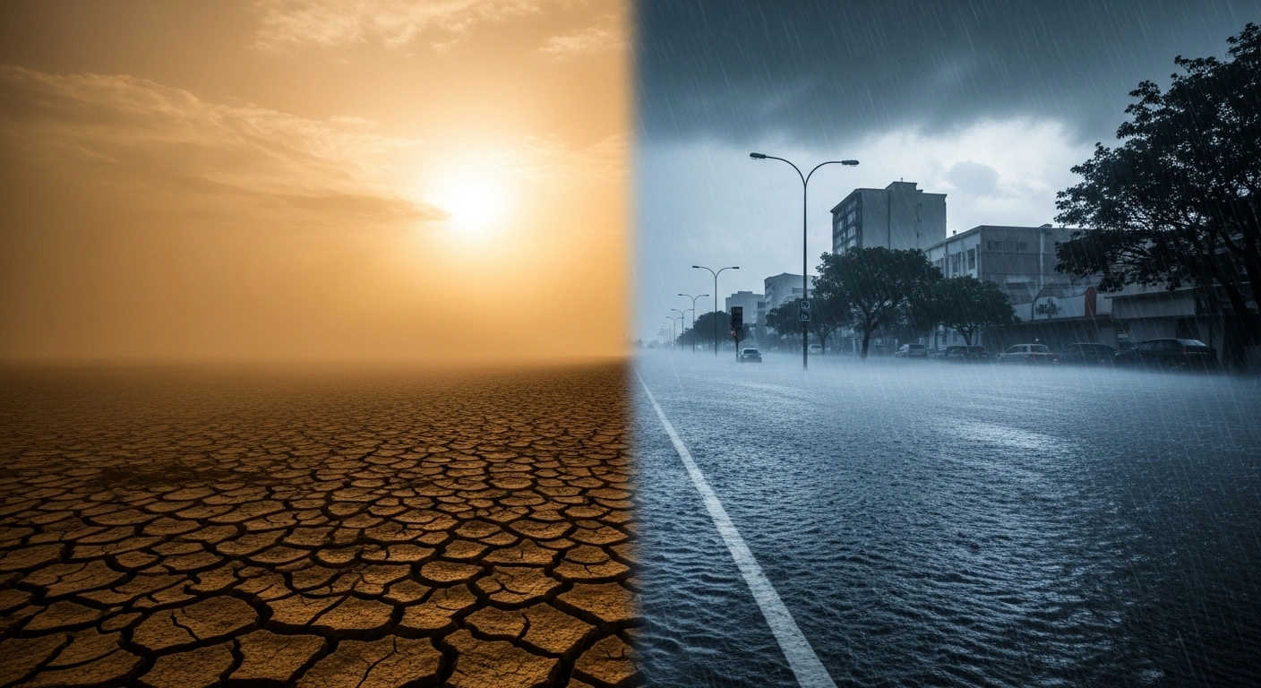 A split-view landscape showing the dual effects of a strong El Nino event in China, featuring both severe drought conditions and intense urban flooding.