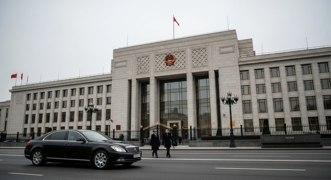 A formal black sedan arrives at the Chinese Embassy in Moscow as officials prepare to represent China at the Victory Day commemorations.