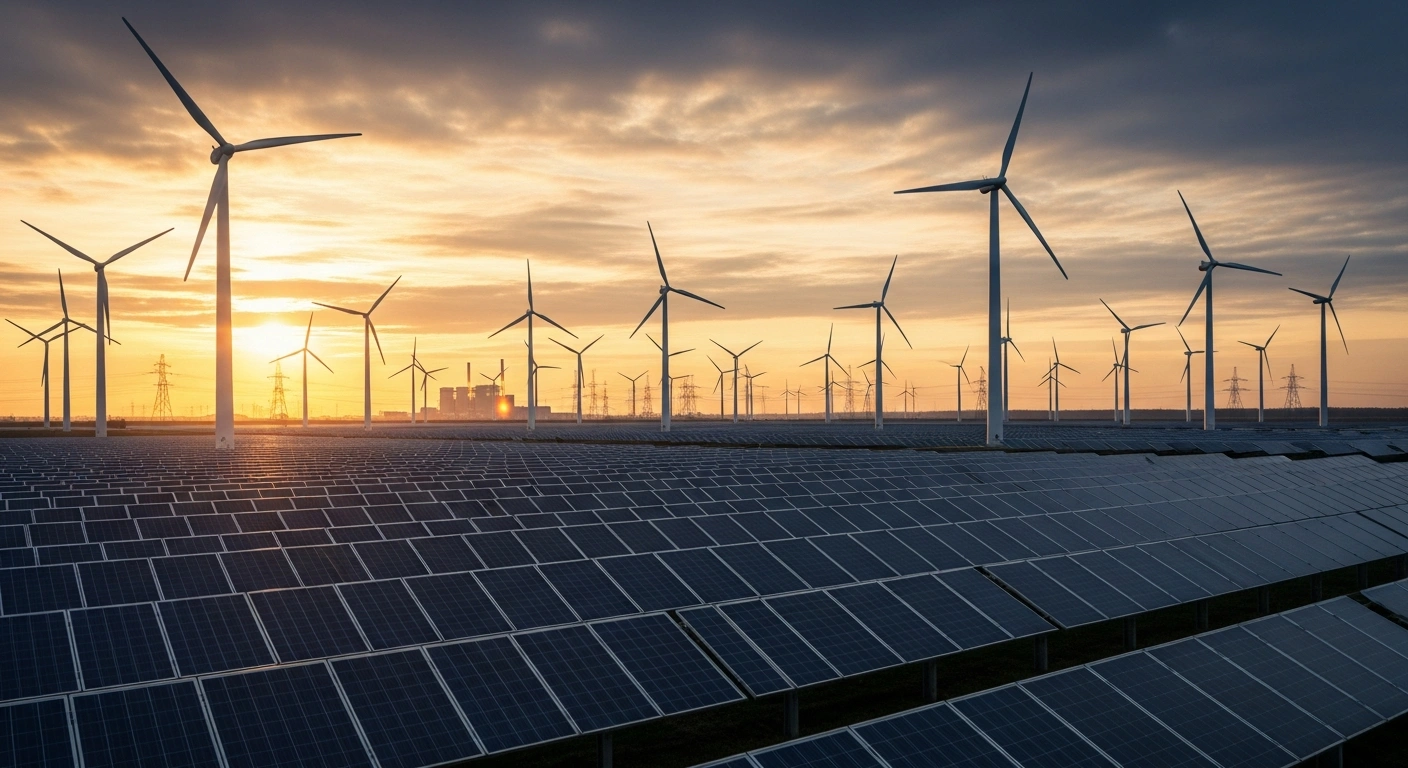 A vast landscape features modern wind turbines and solar panels representing China's massive power generation capacity and energy infrastructure expansion.