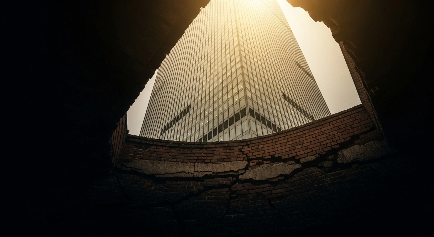 A dramatic low-angle shot captures a towering, modern skyscraper, its upper half gleaming with golden light, while its base reveals crumbling brickwork and visible cracks in deep shadows, symbolizing the Chinese equities market boom driven by government intervention amidst underlying economic weaknesses, deflationary pressures, and a struggling property sector.