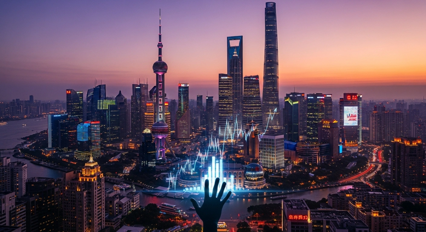 A futuristic cityscape at dusk with skyscrapers reflecting financial data and a hand reaching towards an upward-trending stock graph, symbolizing China's ETF market surge to 5.78 trillion yuan ($820 billion) AUM, driven by retail participation and technology sector focus, making it the largest in Asia-Pacific.