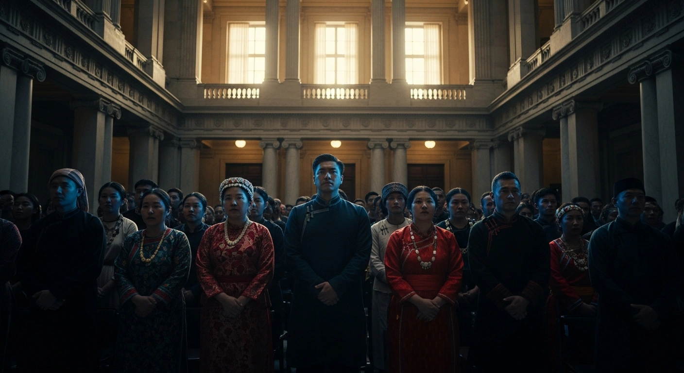 A group of people in traditional ethnic clothing stand in a grand government hall during a session of the National People's Congress in China.