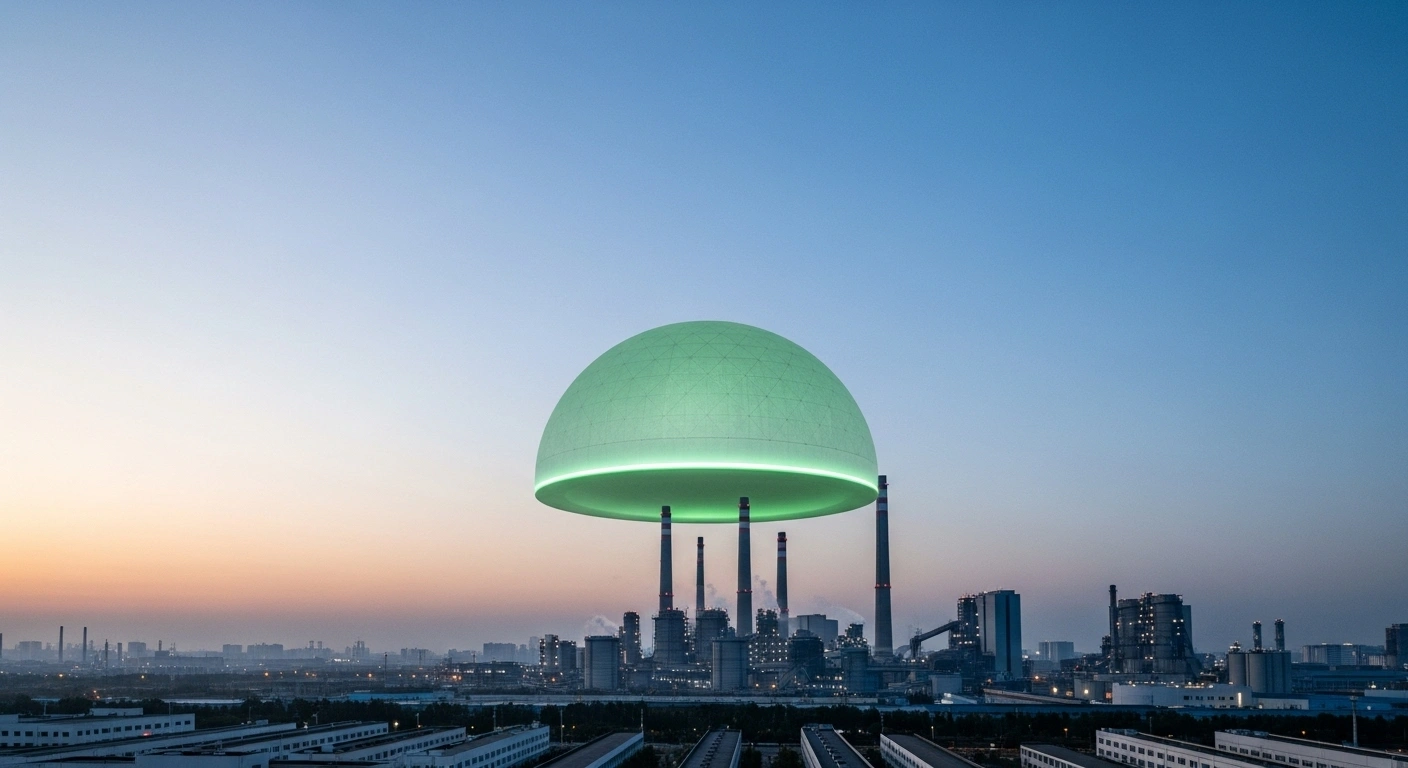 A wide-angle, photorealistic image depicts a sprawling, modern Chinese industrial landscape at dawn, where a large, translucent green dome is descending over towering smokestacks, symbolizing China's national Emissions Trading System shifting to an absolute emissions cap for enhanced decarbonization efforts.