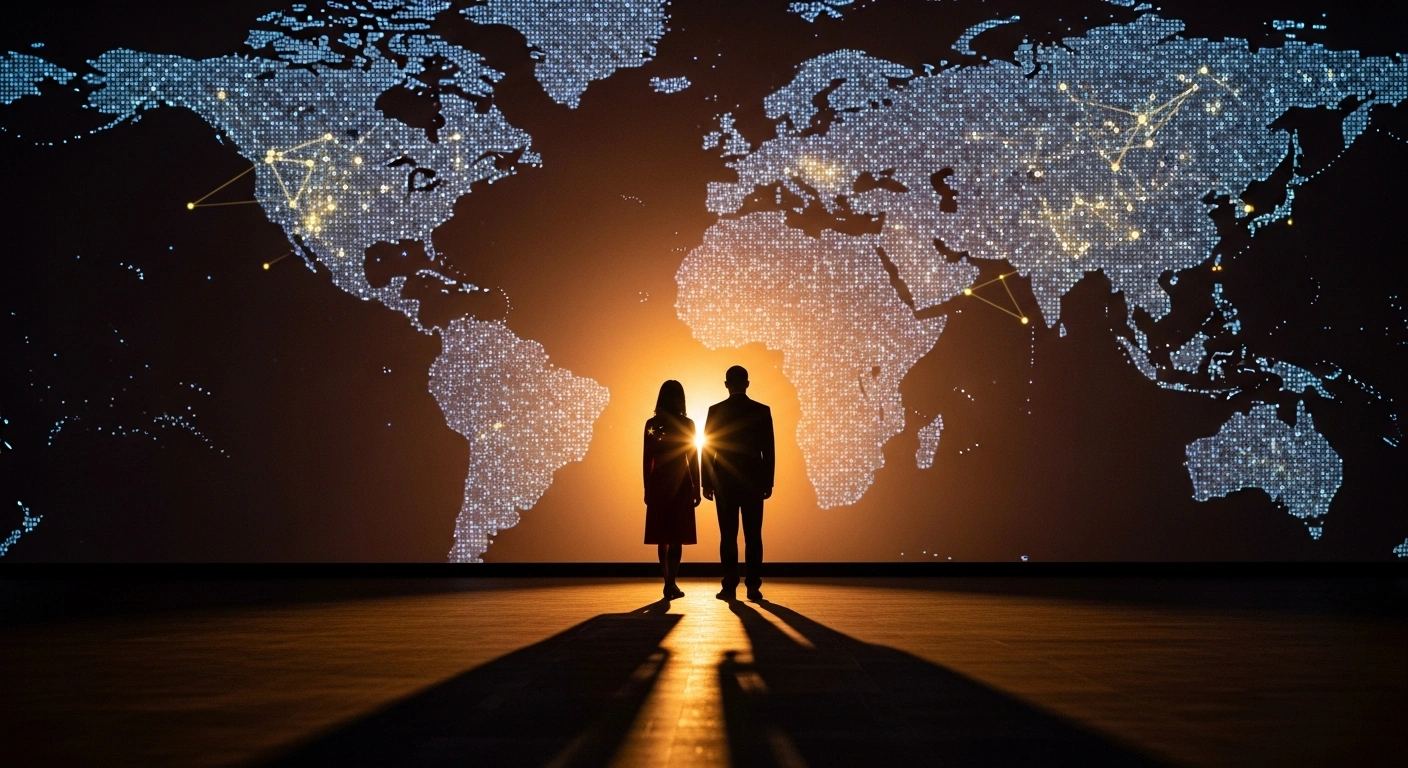 A photorealistic image shows two figures, one representing China and the other the European Union, standing side-by-side before a glowing, intricate global map, symbolizing their joint efforts to manage differences and deepen cooperation on global challenges, echoing discussions at the Munich Security Conference.