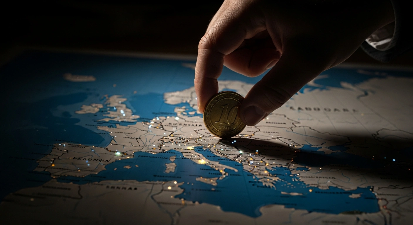 A large, partially obscured hand places an oversized golden coin onto a dimly illuminated, detailed map of Europe, where strategic sectors glow faintly, symbolizing China's substantial €138 billion investment in critical European Union sectors between 2000 and 2023, and concerns over opacity and security implications.