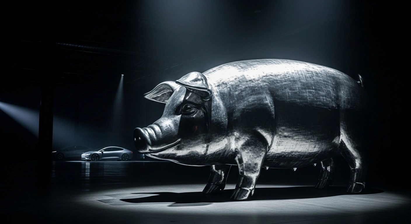 A photorealistic image depicts a large, metallic pig sculpture under harsh spotlight in a warehouse, with blurred electric vehicles in the distant background, symbolizing China's anti-dumping tariffs on EU pork in response to EU tariffs on Chinese electric vehicles.
