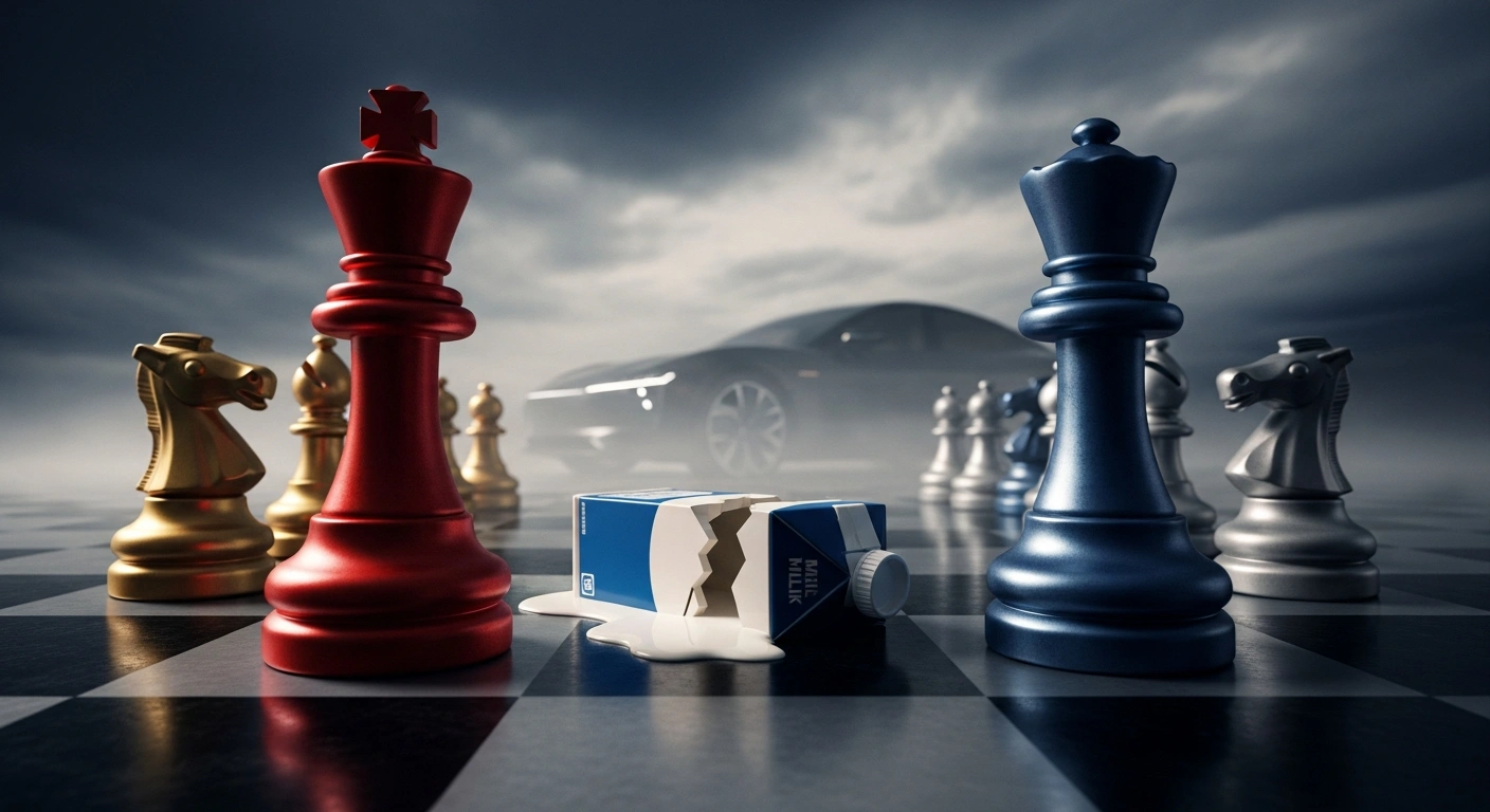 A low-angle shot depicts two stylized chess pieces, one crimson and gold representing China and one deep blue and silver representing the European Union, in a tense standoff on a dark chessboard, with a spilled milk carton between them and a blurred electric vehicle in the background, symbolizing escalating trade tensions and new duties on EU dairy products.