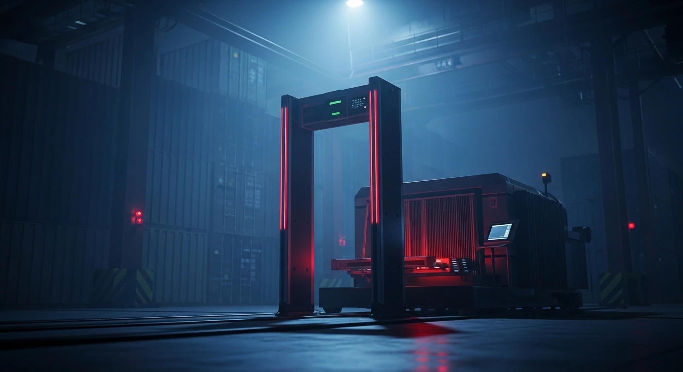 A high-tech security scanner stands in a large industrial shipping yard as a symbol of the trade dispute between China and the European Union over Nuctech.