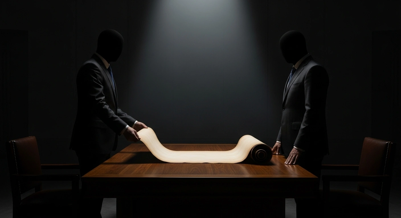 Two silhouetted figures stand on opposite sides of a large, ancient scroll on a polished wooden table in a grand hall, with one figure subtly twisting a corner of the scroll under a dramatic spotlight, symbolizing the diplomatic tensions between China and the European Union over the 1971 U.N. Resolution 2758 regarding Taiwan's international status.