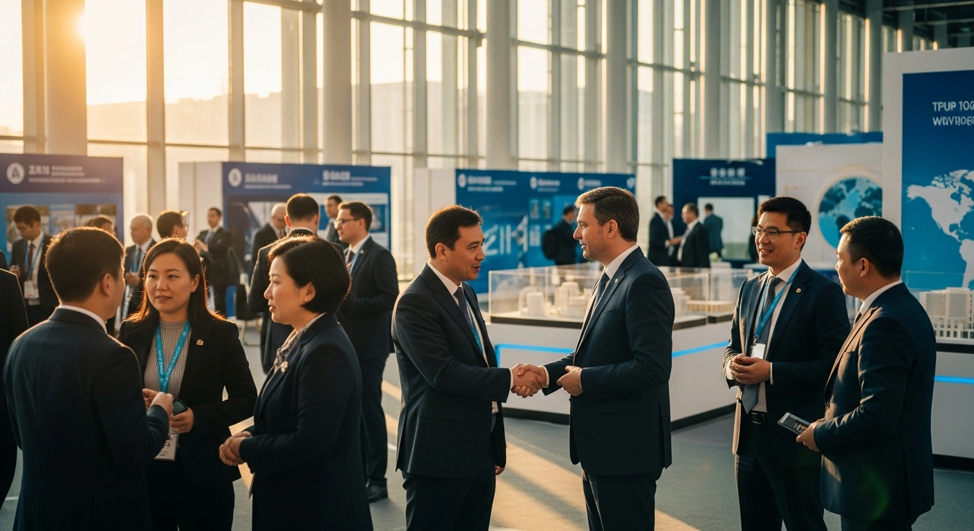 International delegates engage in professional networking at the 9th China-Eurasia Expo held in Urumqi, Xinjiang, to discuss global economic cooperation.