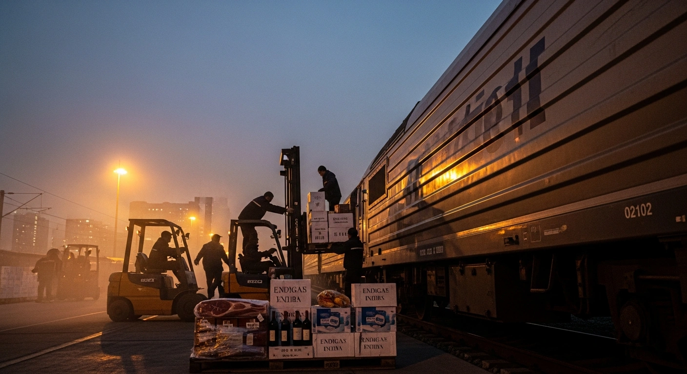 A wide, low-angle shot of a modern China-Europe freight train at twilight, with workers unloading crates of European goods like wine, ham, and dairy in Yiwu, Zhejiang Province, preparing for the Spring Festival.