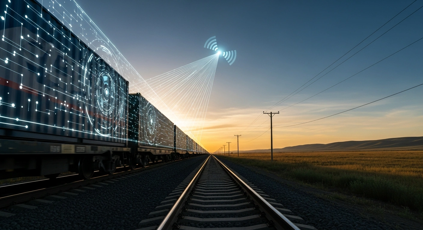 A modern freight train on the China-Europe Railway Express features satellite-linked tracking technology for real-time container monitoring across a vast landscape.