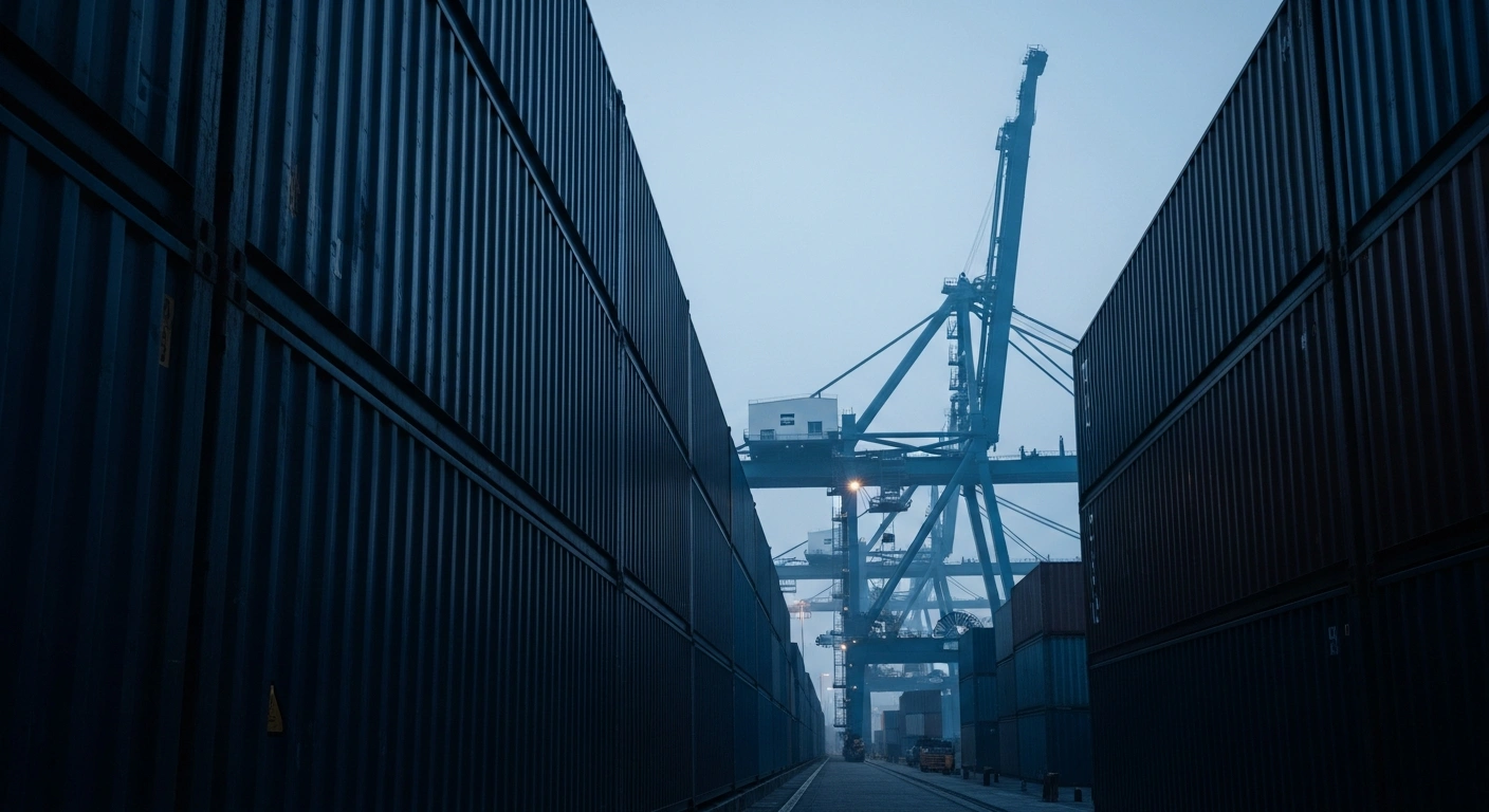 A cinematic view of an industrial port representing the trade friction between China and European entities following new export control sanctions.