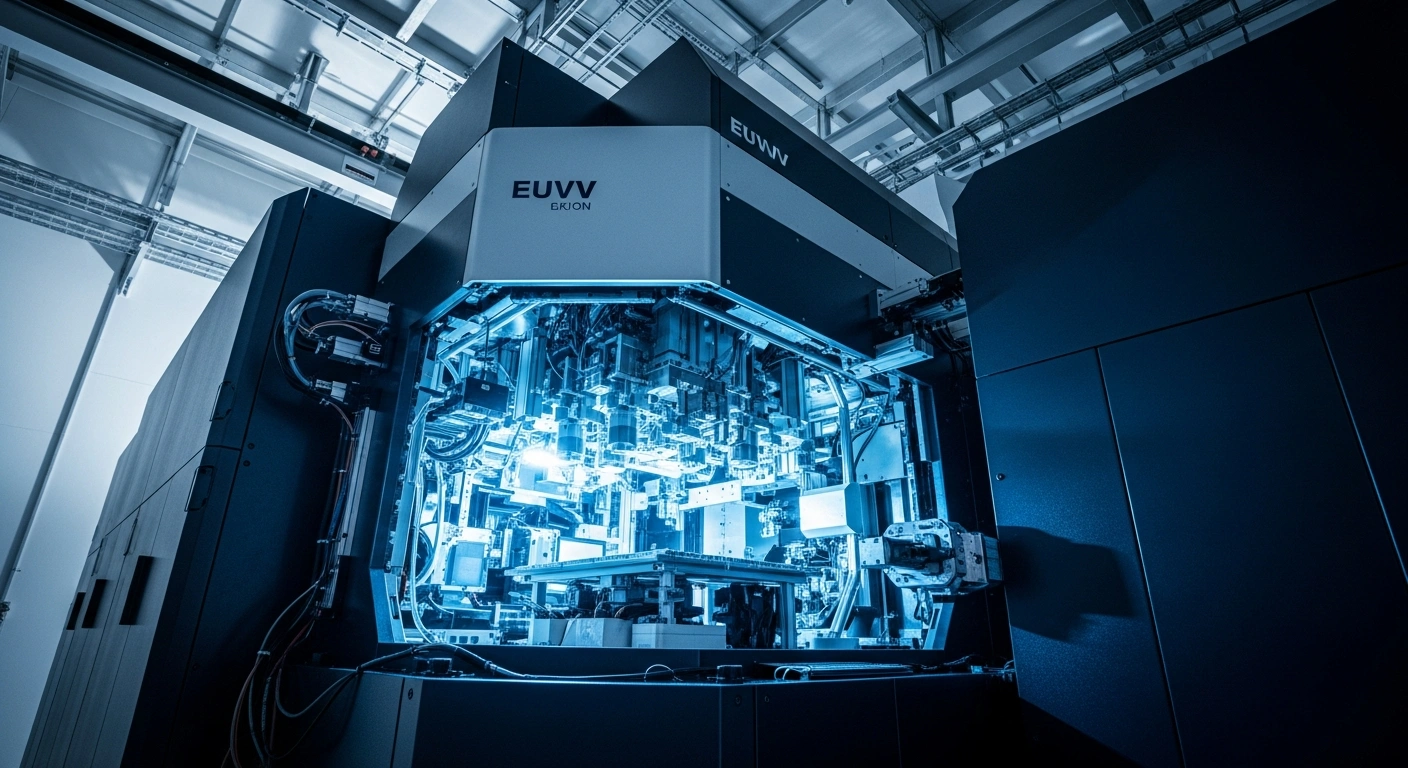 A complex, futuristic prototype extreme ultraviolet (EUV) lithography system glows with blue light in a dimly lit, high-security laboratory, symbolizing China's pursuit of semiconductor self-sufficiency.