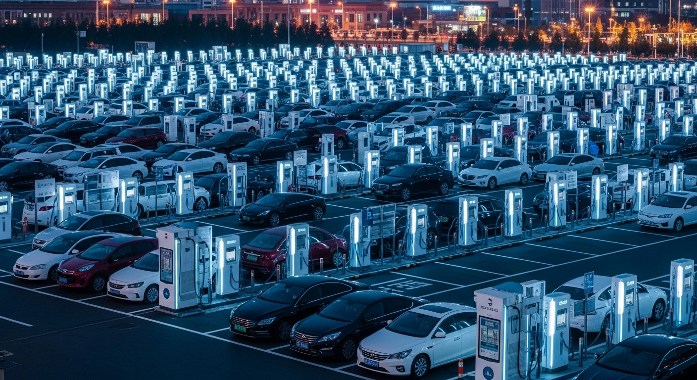A wide-angle, slightly elevated shot of a sprawling, futuristic electric vehicle charging hub in a vibrant Chinese metropolis at dusk, showcasing numerous EVs actively charging, symbolizing China's significant expansion of its EV charging infrastructure to over 20 million plugs, a 49.6% increase, driven by robust EV sales and government initiatives.