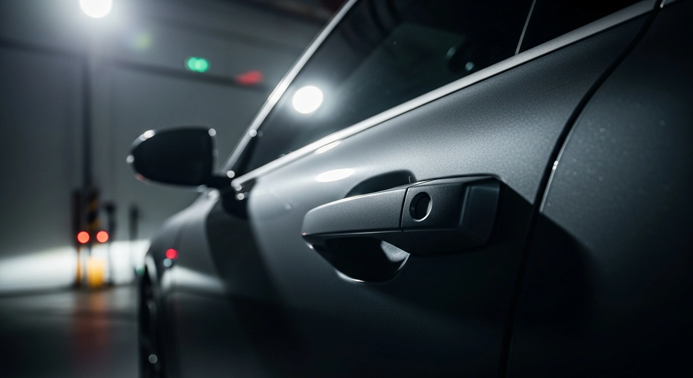 A close-up, low-angle shot of a modern electric vehicle's door, prominently featuring a robust, mechanical door handle, illuminated by a dramatic spotlight, representing China's new safety regulations banning hidden handles for EVs to enhance crash egress.