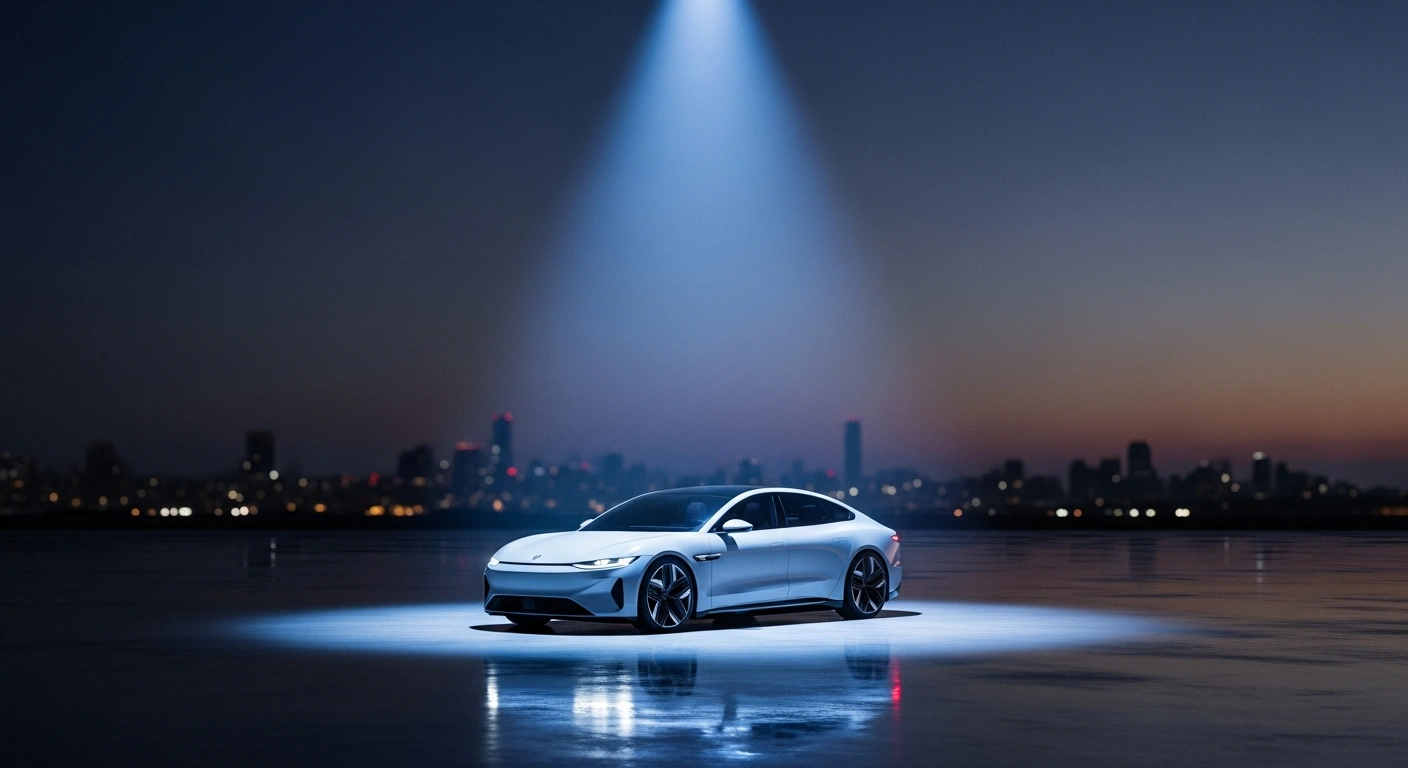 A sleek, modern electric sedan is illuminated by a focused blue light on a reflective surface, with a blurred urban skyline in the background, symbolizing China's new mandatory energy consumption limits for electric passenger vehicles starting in 2026 and tighter efficiency requirements linked to purchase tax exemptions.