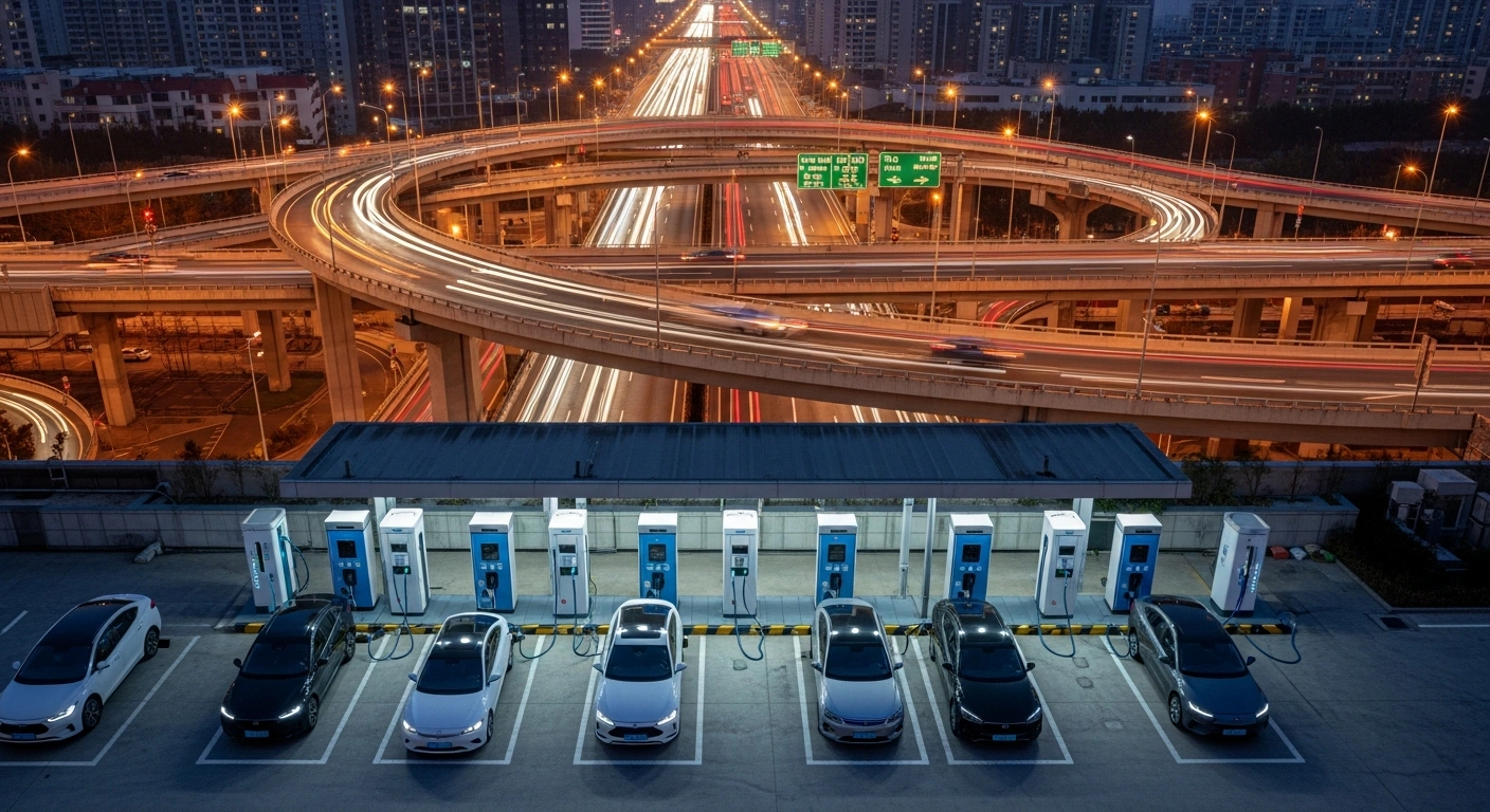 A low-angle, wide shot captures a multi-tiered highway interchange in a modern Chinese city during Golden Week, bathed in golden hour light, with sleek electric vehicles silently charging in the foreground and a mix of EVs and traditional cars on the highway, symbolizing China's energy transition and the decline in gasoline consumption.