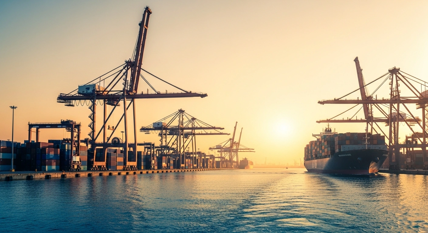 A massive container ship departs a bustling port during sunset, representing the significant growth in China's international trade exports.
