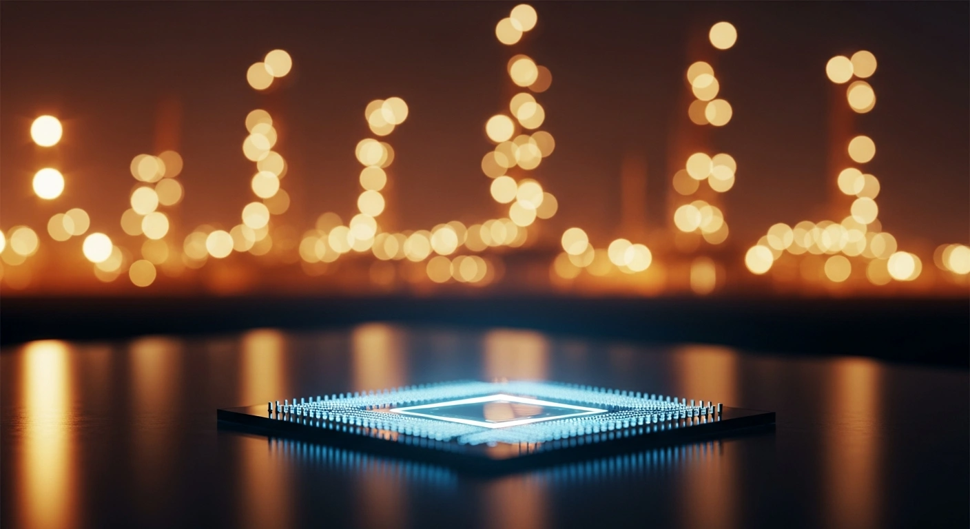 A high-tech semiconductor chip sits on a dark surface with industrial oil refinery lights blurred in the background, representing rising export costs and chip demand.