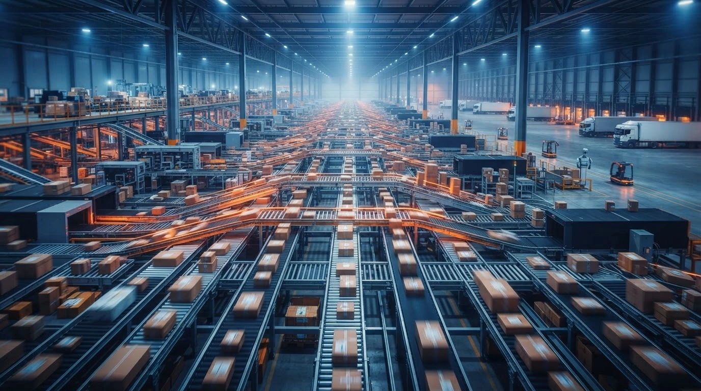 An automated logistics facility in China processes a record-breaking volume of express delivery packages in a high-tech sorting center.