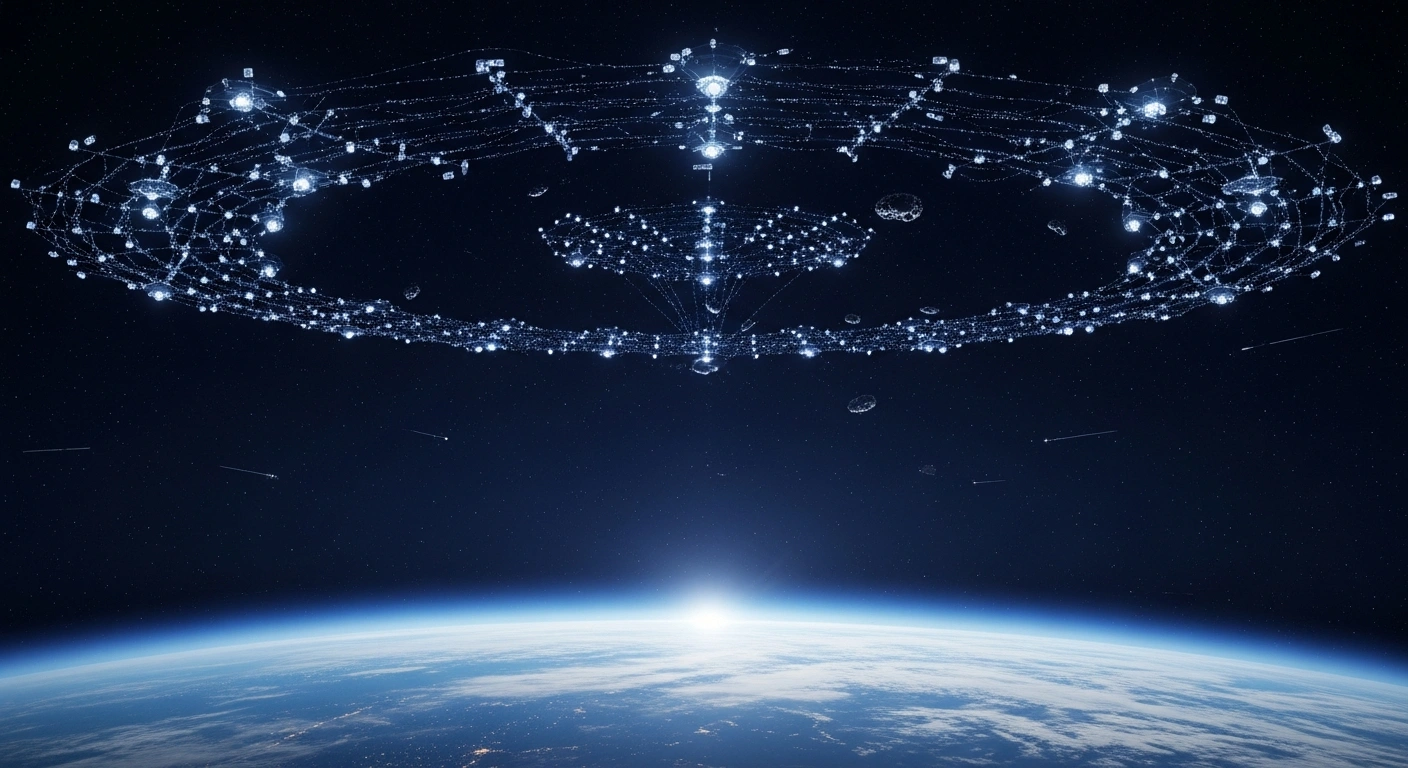 A wide-angle view from high orbit shows Earth below a vast, intricate constellation of glowing, futuristic satellites, representing China's 156-satellite EYESAT or Orbital Guardian system, actively monitoring and managing space traffic, tracking debris, and preventing collisions in near-Earth orbit.